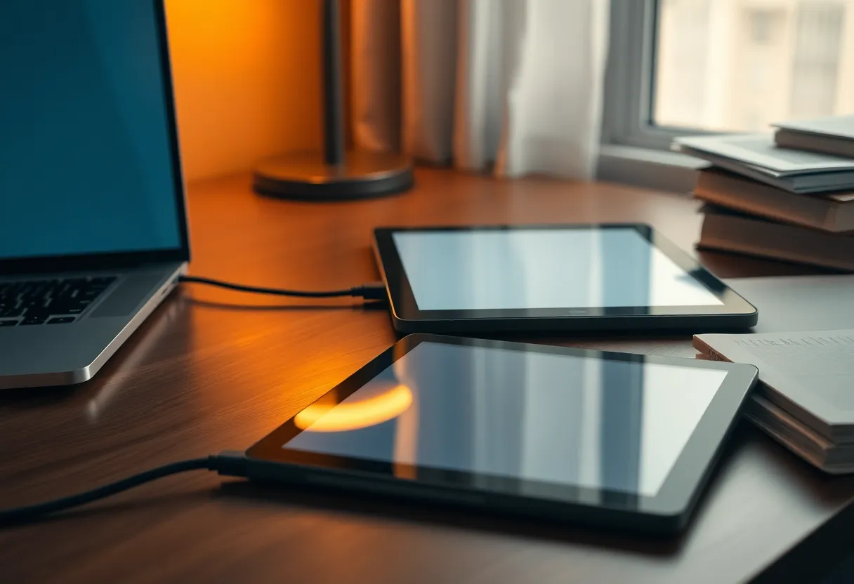 USB-C cable between a laptop and an e-ink tablet on a desk