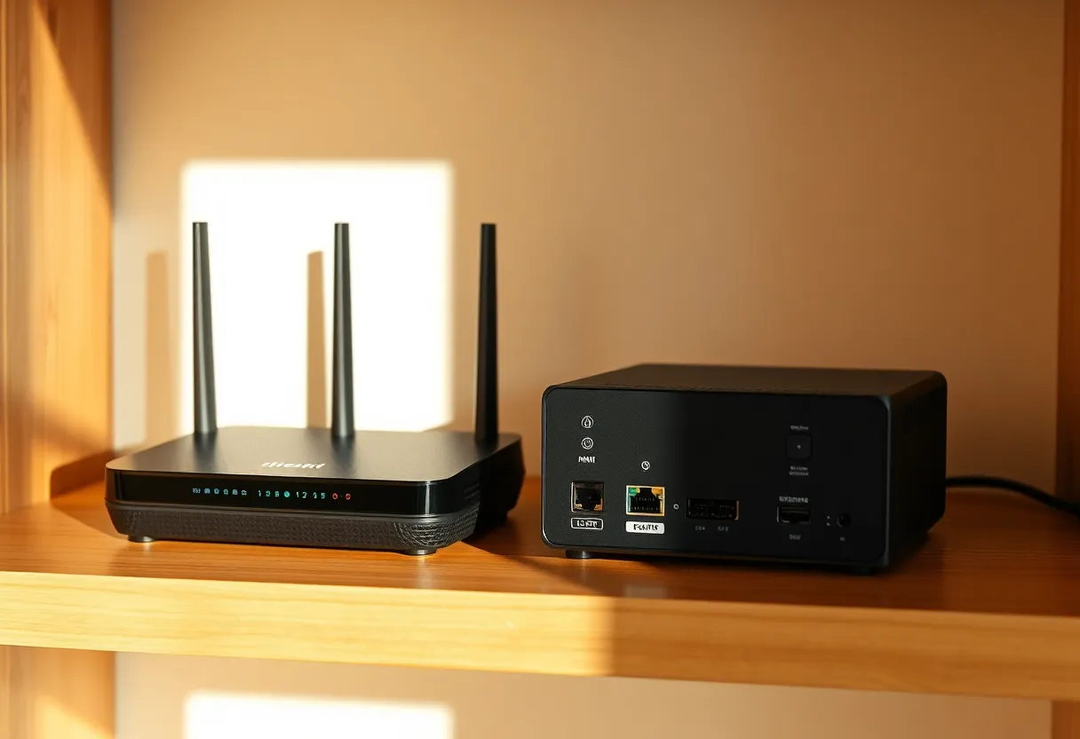 A small router and a mini PC with ethernet on a shelf