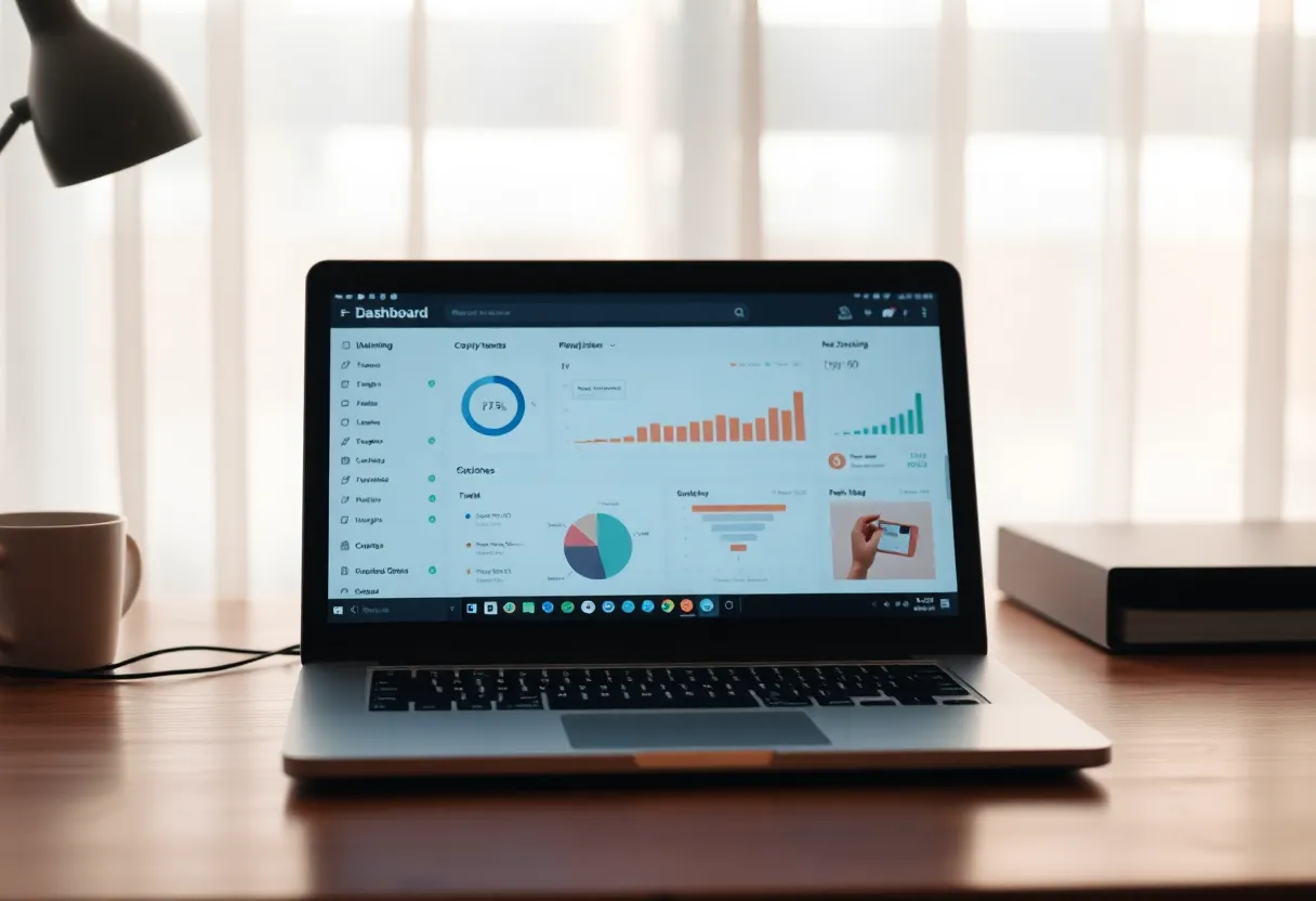 A laptop open to a blurred personal dashboard in morning light