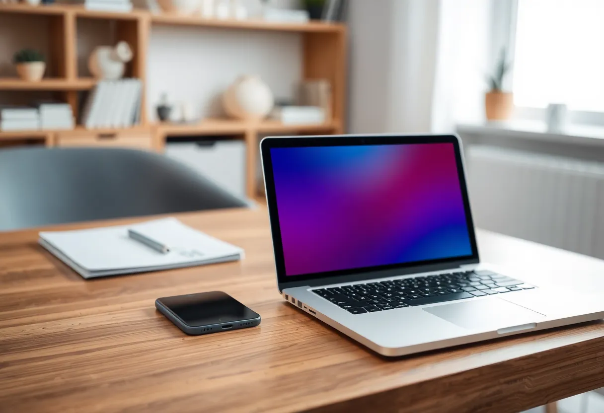 A phone and a laptop on a table, both screens blurred