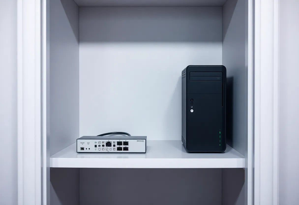 A small always-on computer on a closet shelf beside a network switch