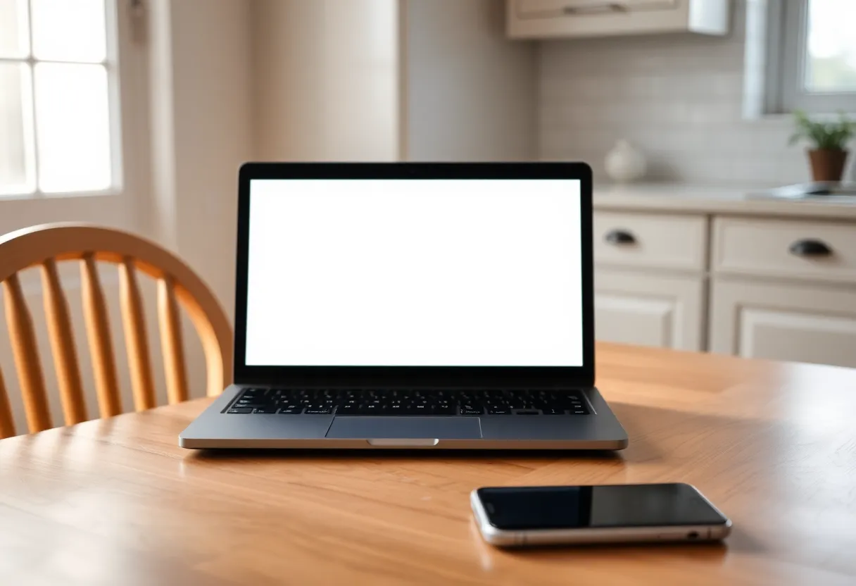 A closed laptop on a kitchen table with a phone beside it