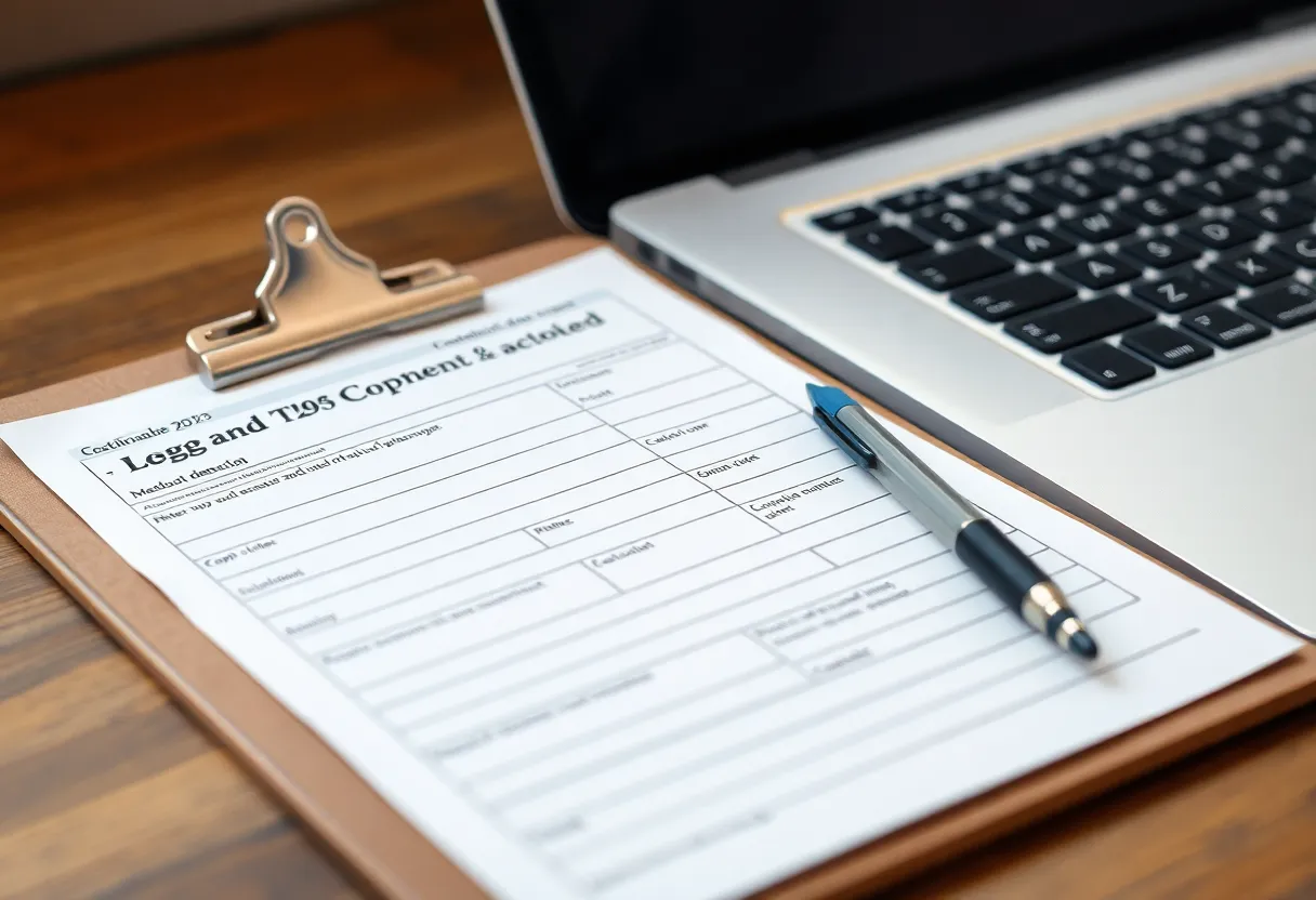 A clipboard form with empty fields next to a laptop keyboard