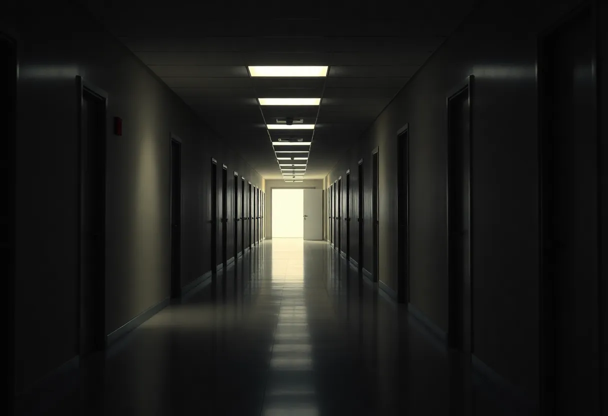 A long hallway of identical doors with one door slightly open