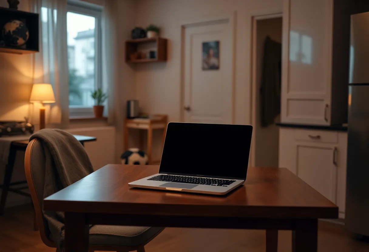 A laptop on a kitchen table with a guest coat on a nearby chair