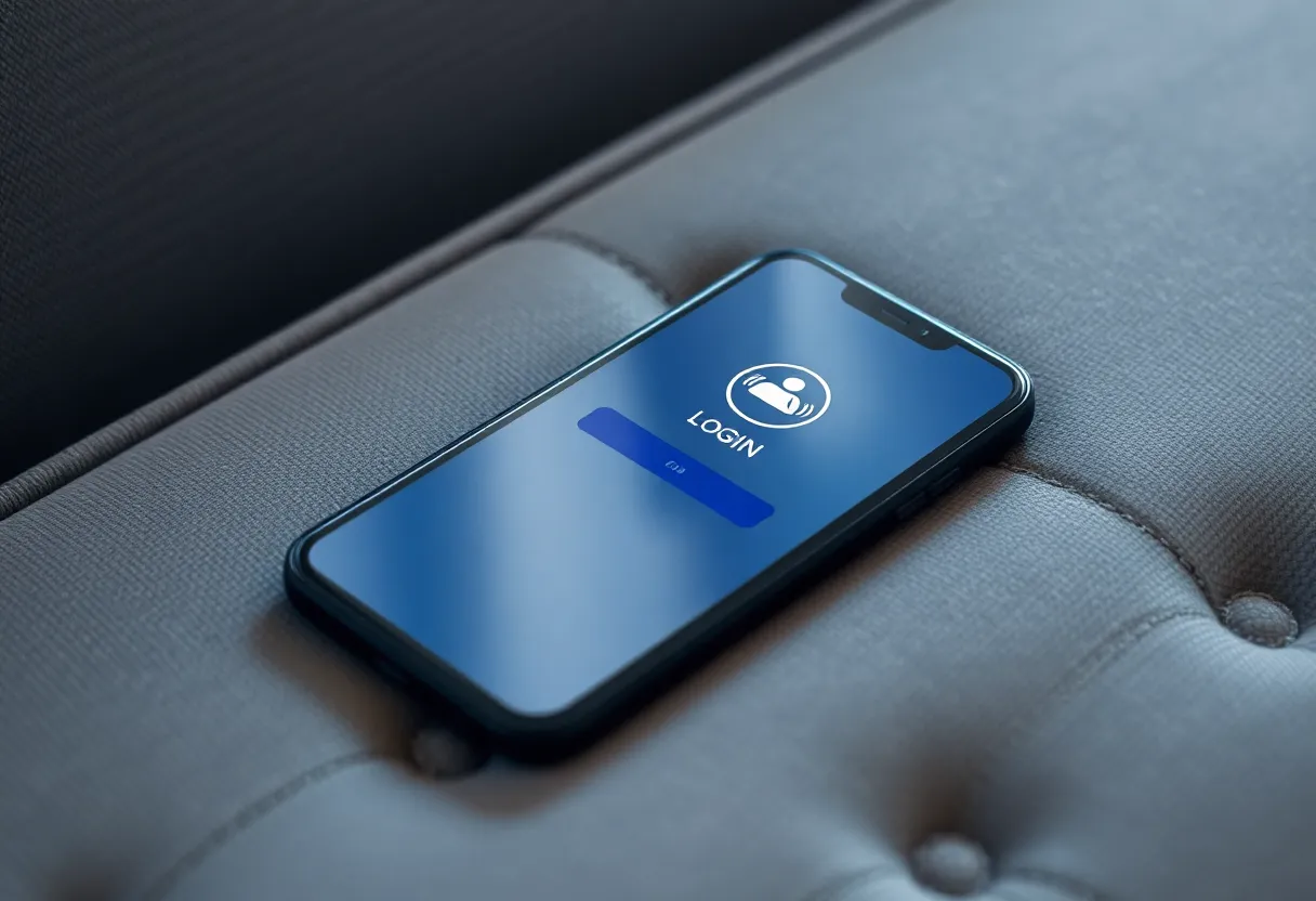 A phone on a couch showing a blurred login screen
