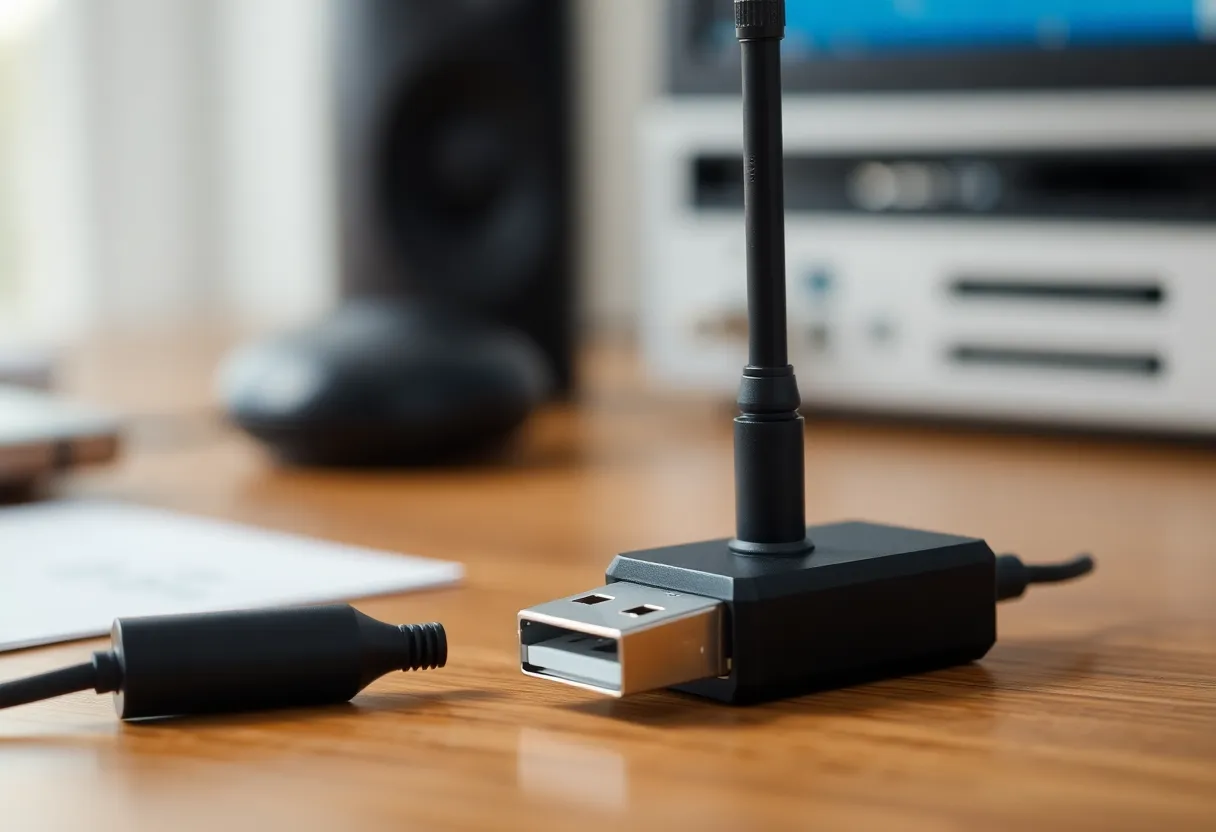 Close-up of a single USB radio dongle and antenna on a desk