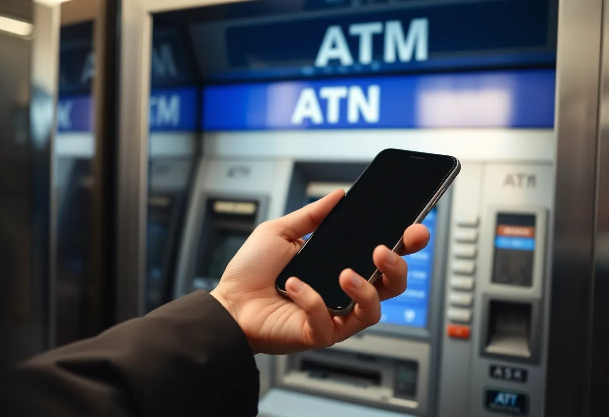 A phone held in a bank ATM vestibule with the screen dark