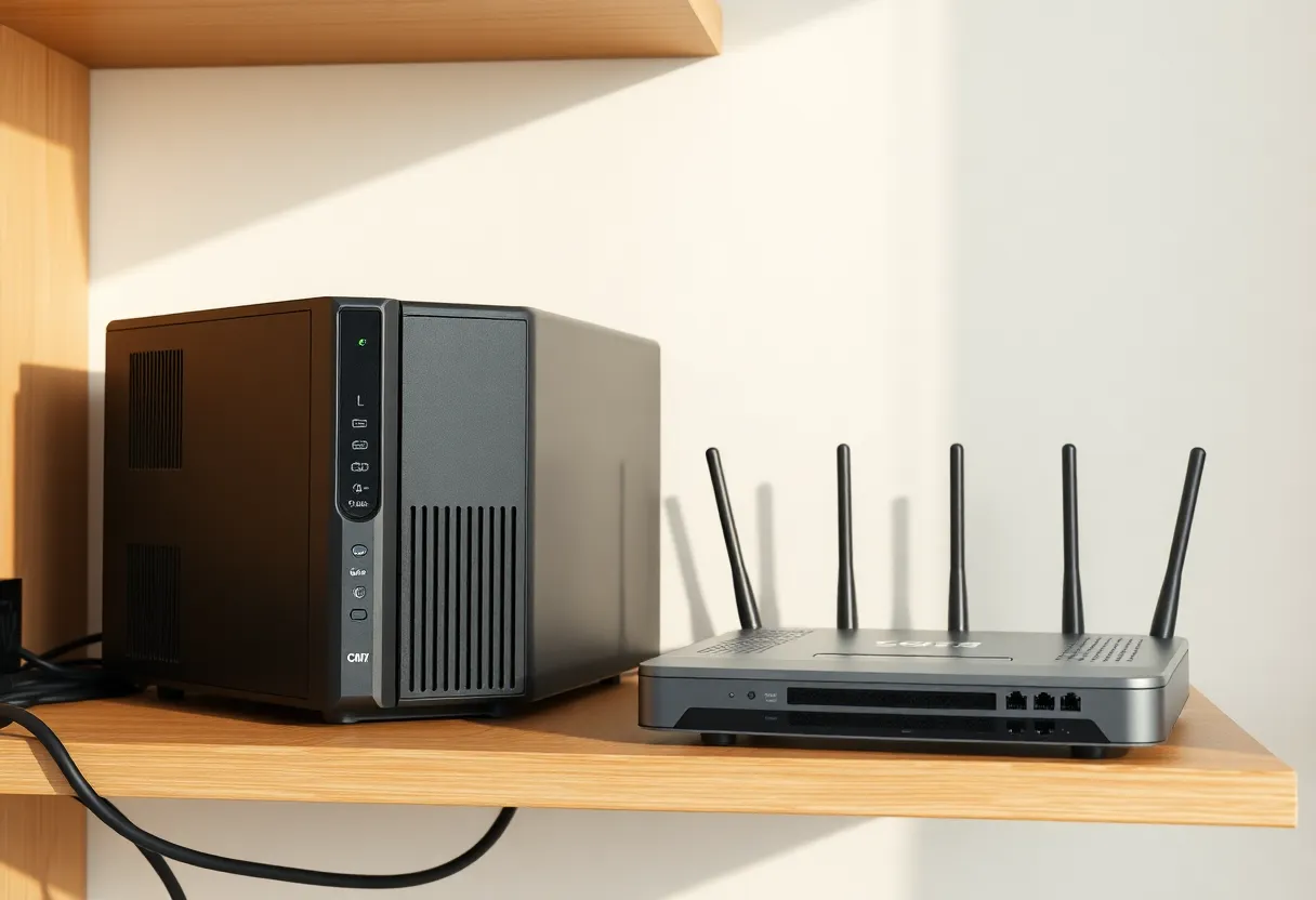 A home server and router on a shelf with ethernet cables