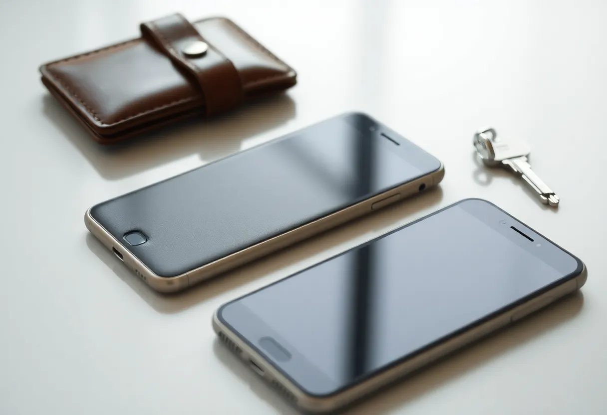 A smartphone beside a closed wallet and a house key