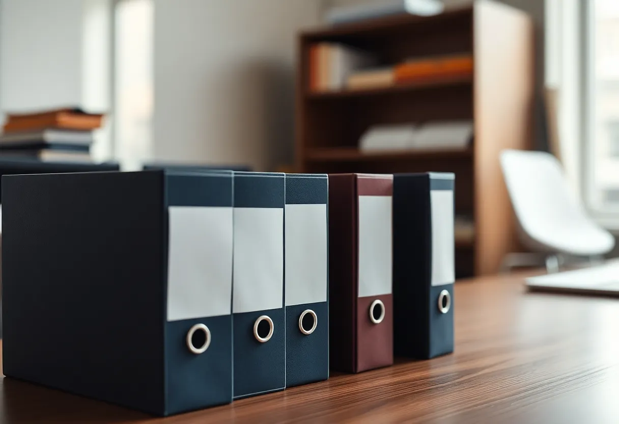 Four file folders standing in a row on a wooden desk
