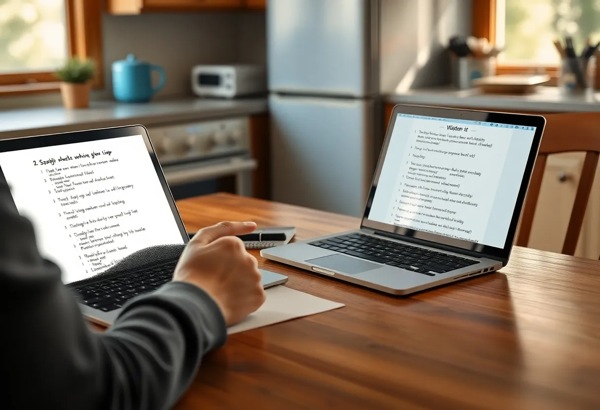 Someone at a kitchen table comparing a short handwritten list with a laptop