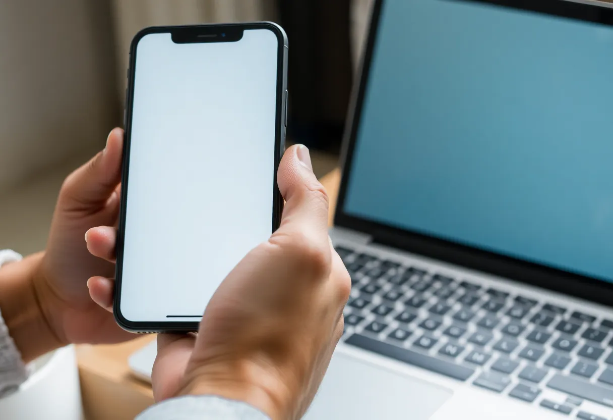 A phone and a laptop held together, screens turned away