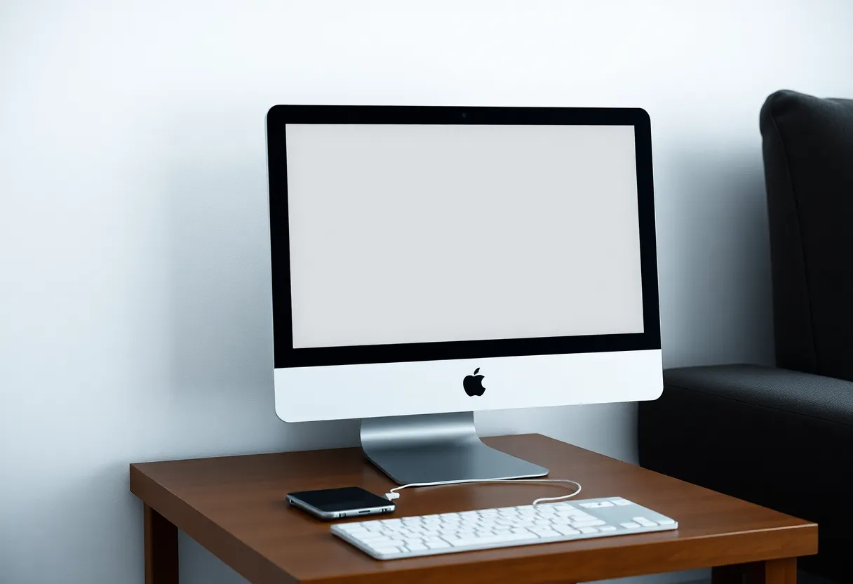 A desktop computer on a side table with a phone charging beside it